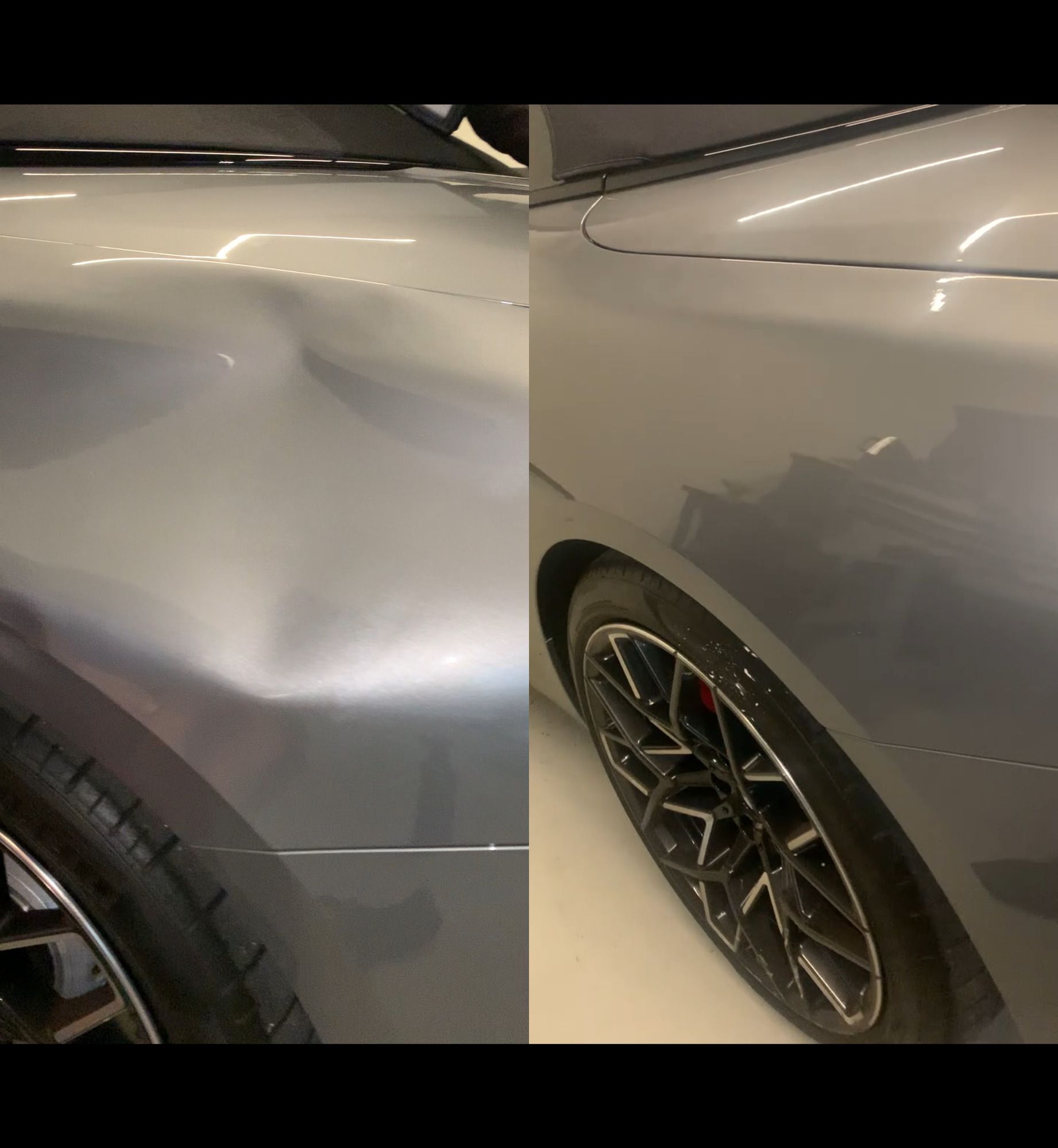 Before and after paintless dent repair on a silver car rear quarter panel — large dent completely removed with factory finish restored